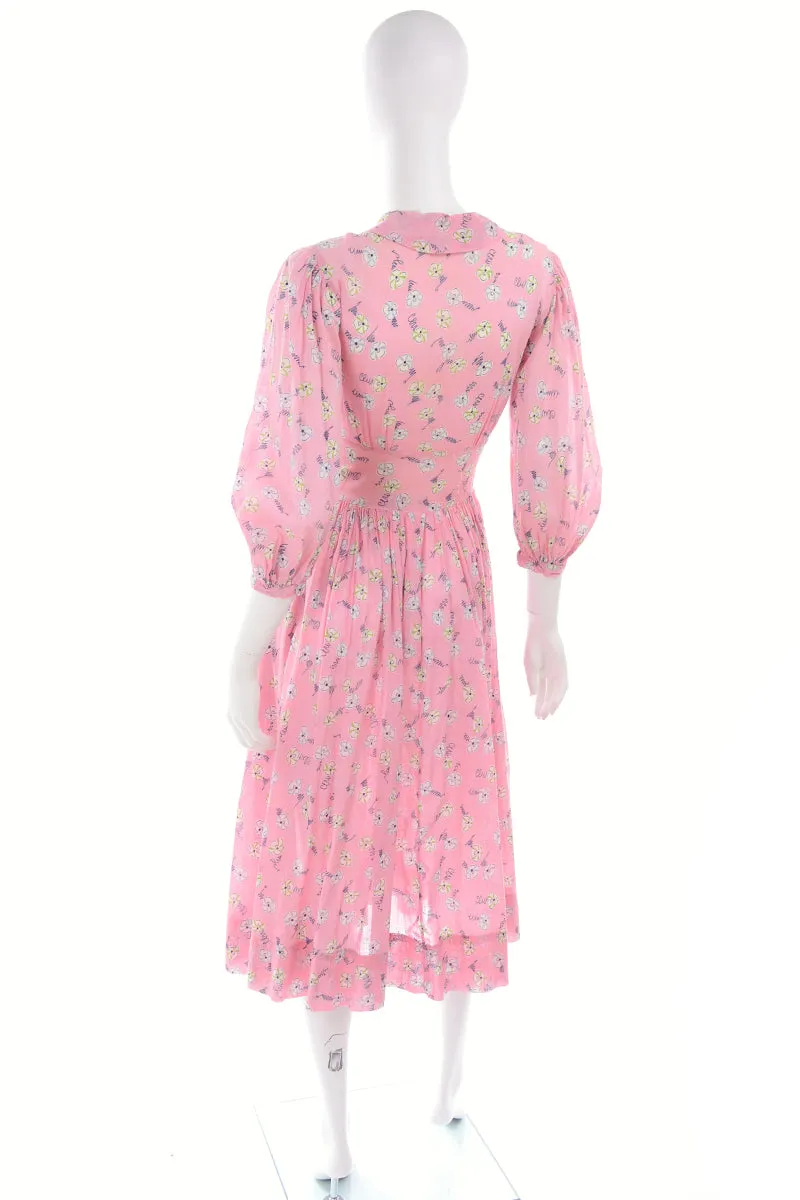 1940s Pink Floral Day Dress w/ Peter Pan Collar