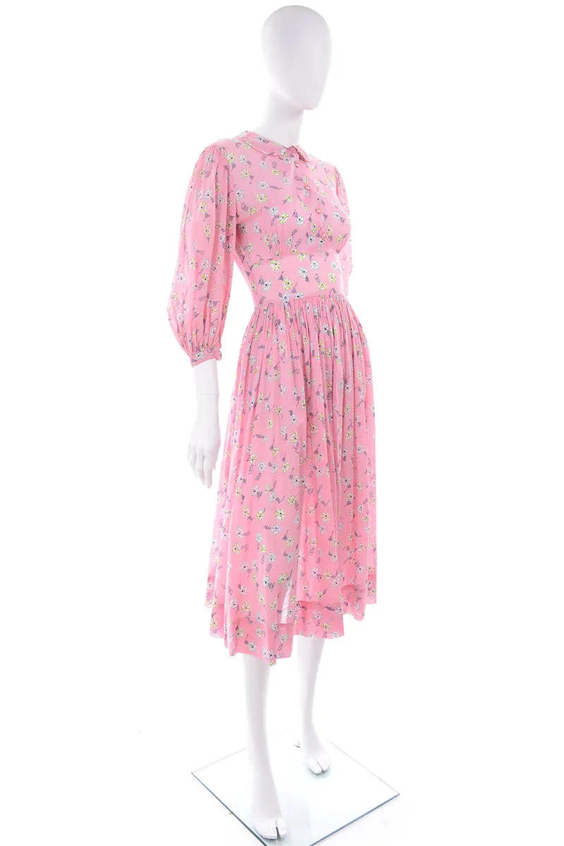 1940s Pink Floral Day Dress w/ Peter Pan Collar