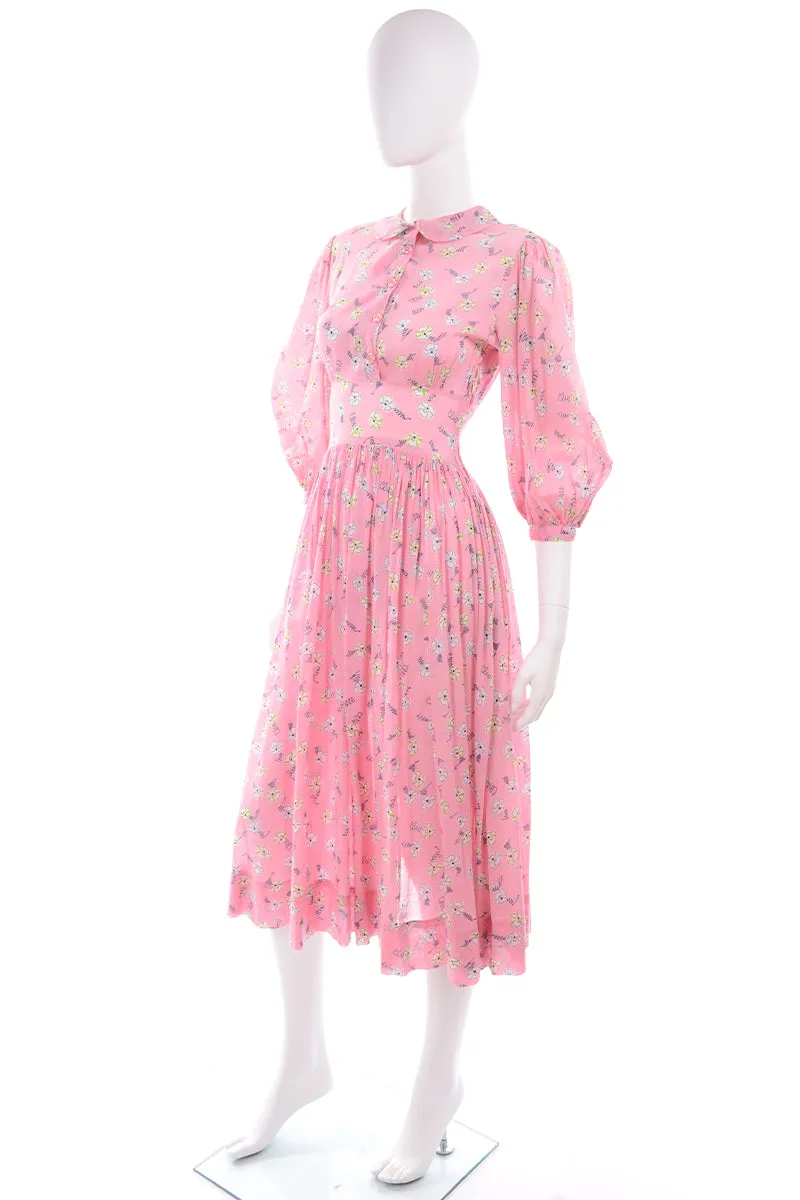 1940s Pink Floral Day Dress w/ Peter Pan Collar