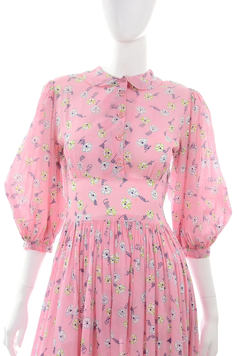 1940s Pink Floral Day Dress w/ Peter Pan Collar