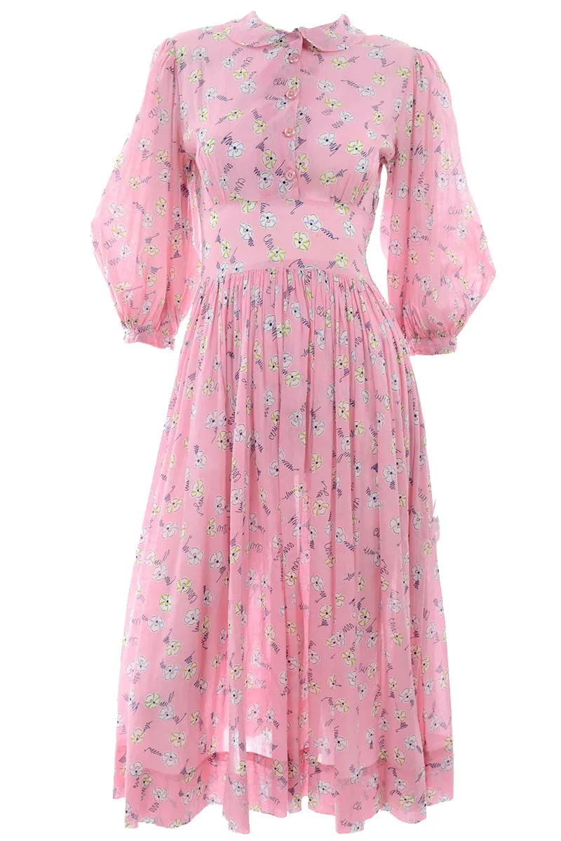 1940s Pink Floral Day Dress w/ Peter Pan Collar