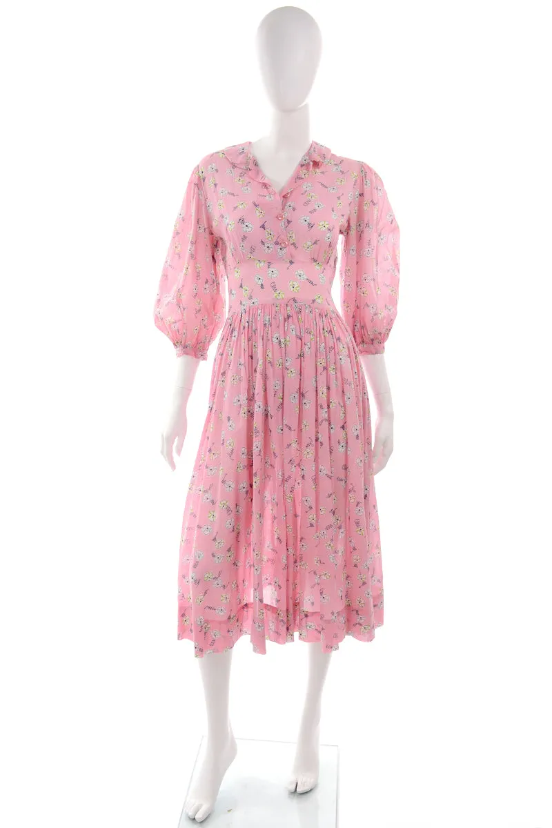 1940s Pink Floral Day Dress w/ Peter Pan Collar