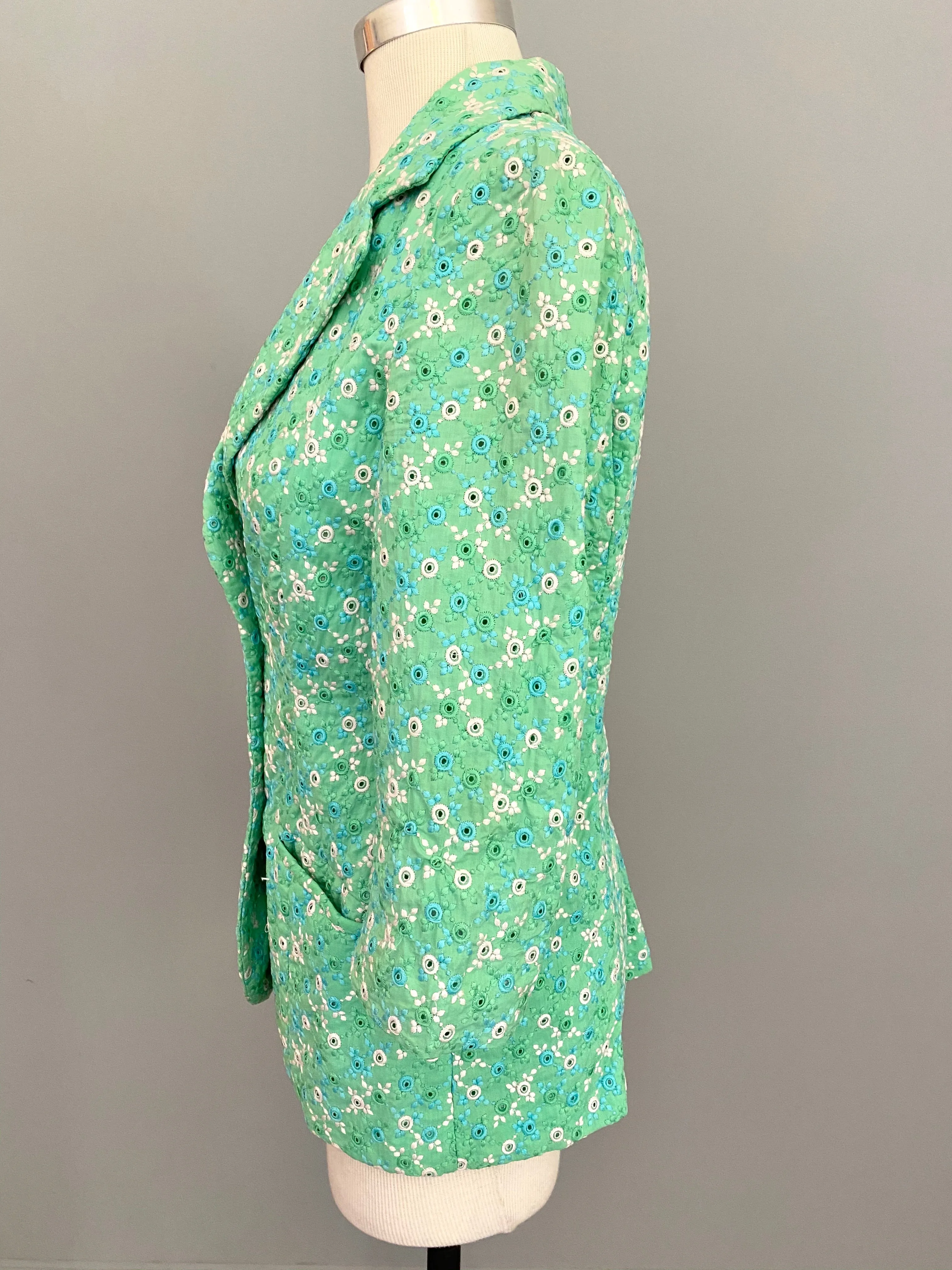 1960s Minty Green with Blue   White Embroidered Eyelet Blazer Jacket