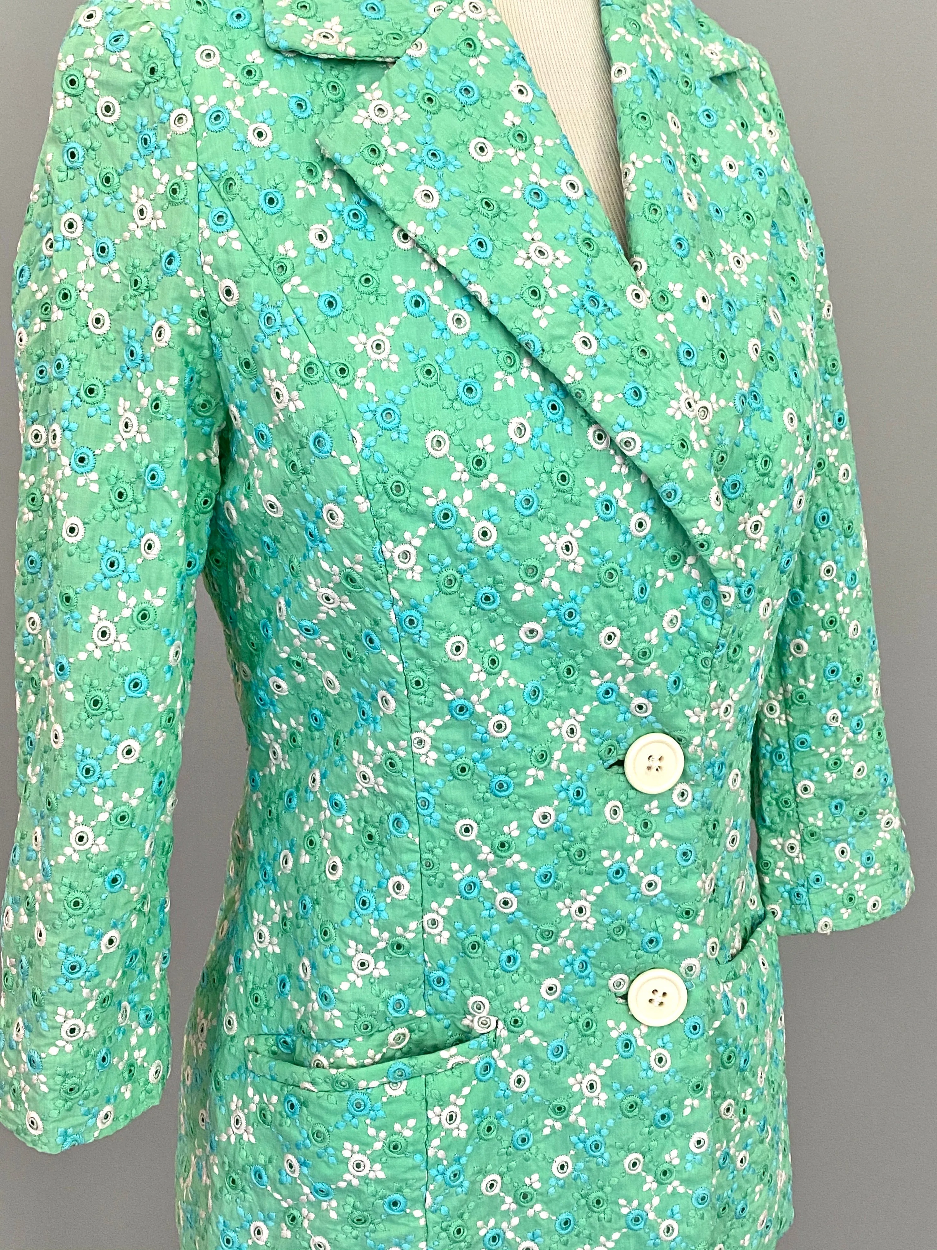 1960s Minty Green with Blue   White Embroidered Eyelet Blazer Jacket