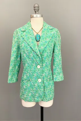 1960s Minty Green with Blue   White Embroidered Eyelet Blazer Jacket