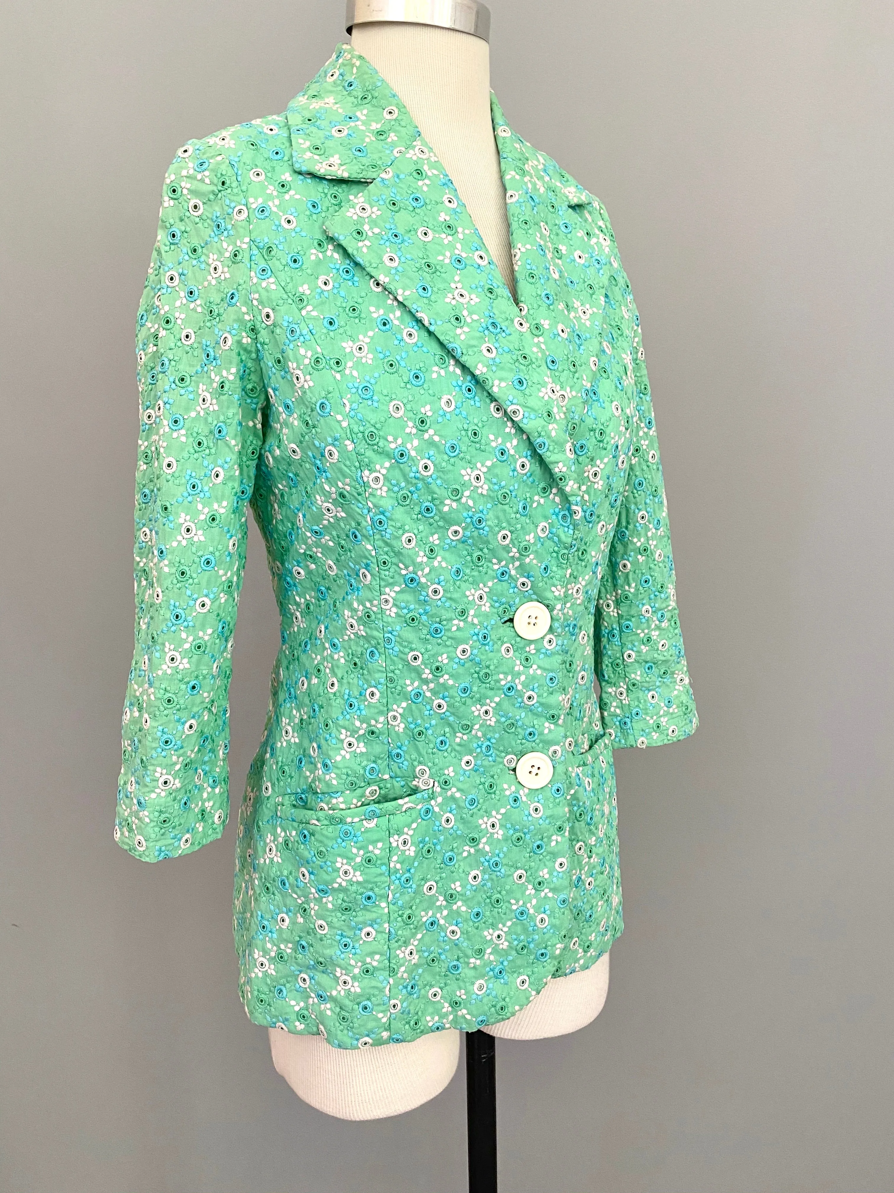 1960s Minty Green with Blue   White Embroidered Eyelet Blazer Jacket