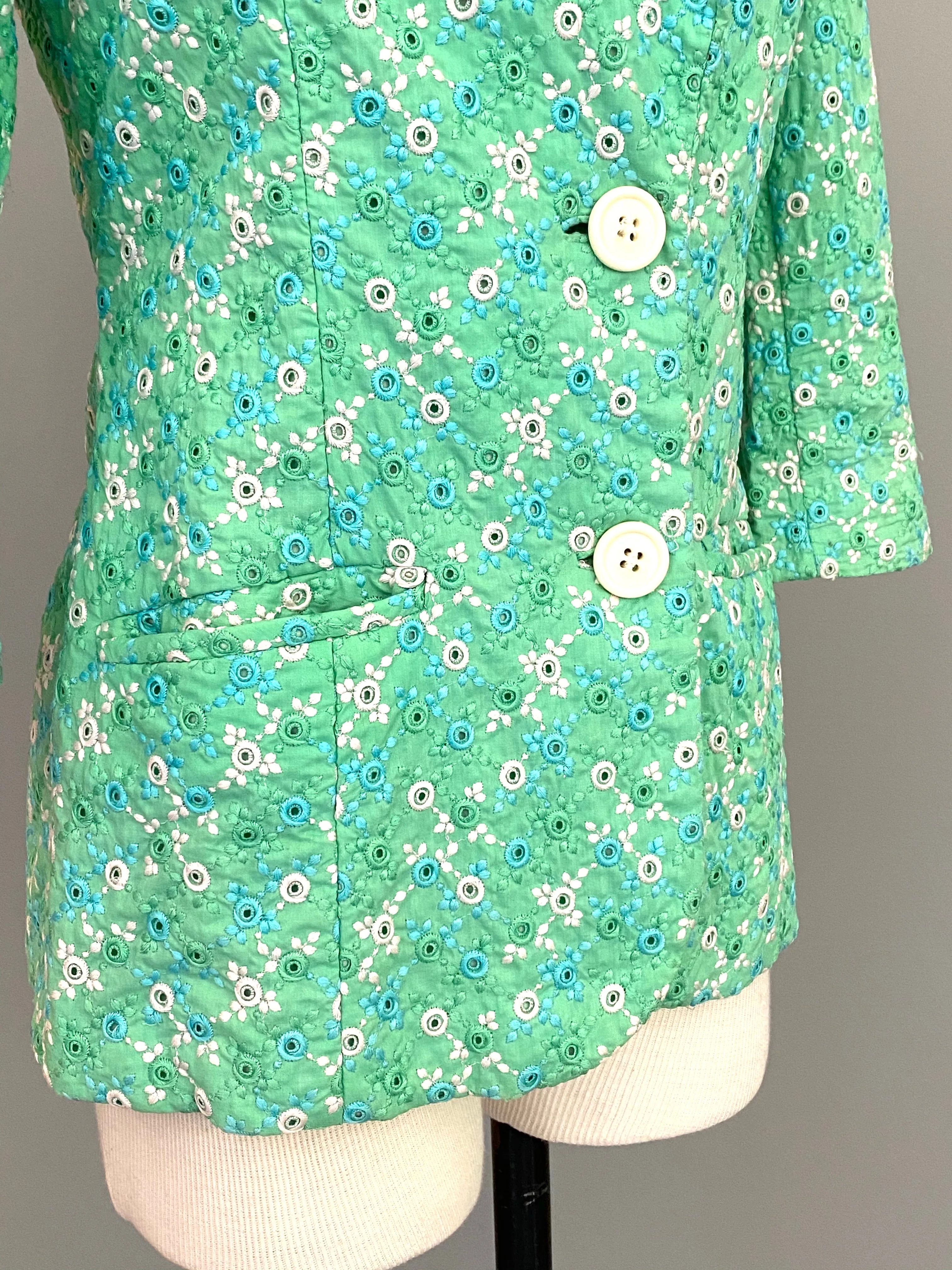 1960s Minty Green with Blue   White Embroidered Eyelet Blazer Jacket