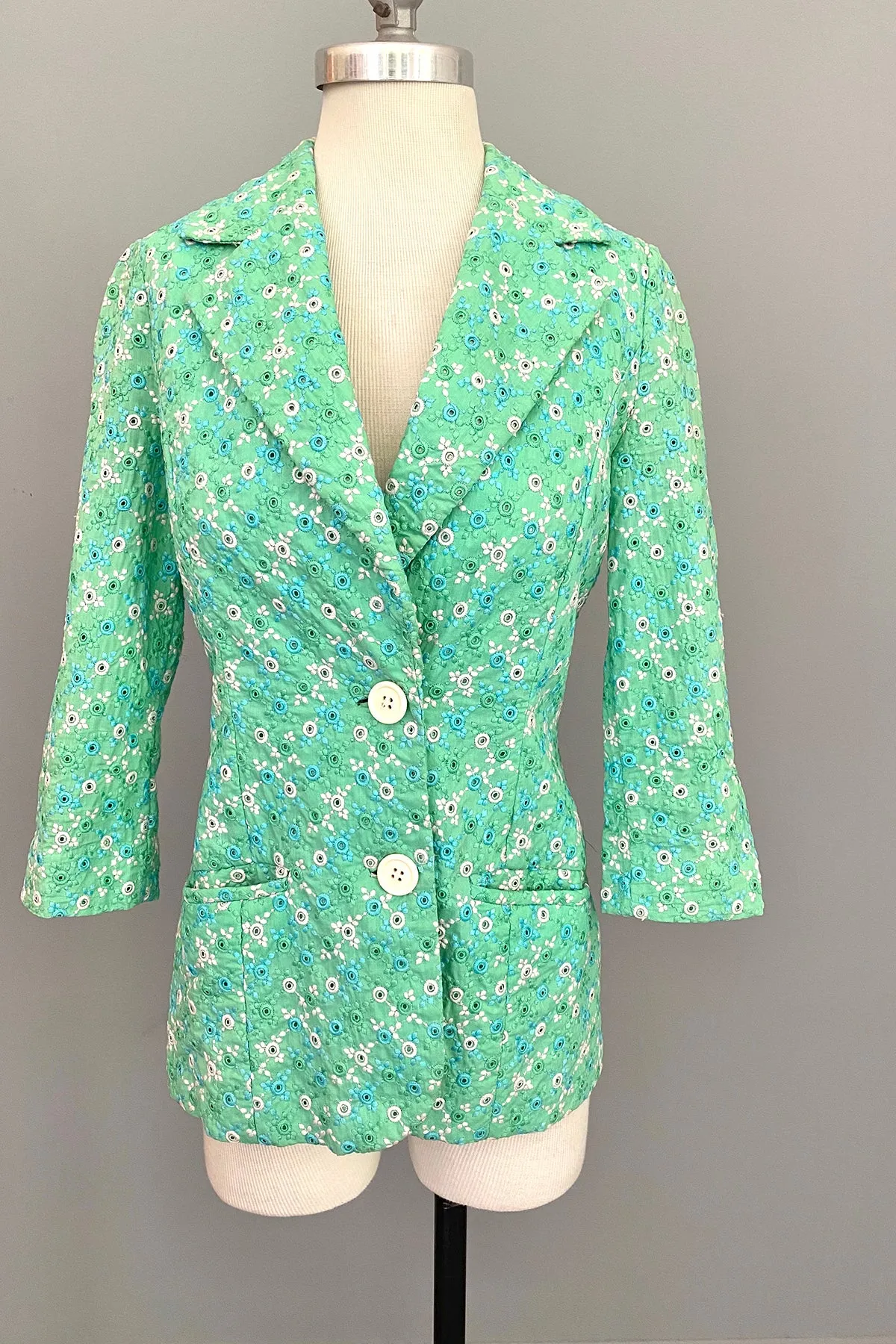 1960s Minty Green with Blue   White Embroidered Eyelet Blazer Jacket