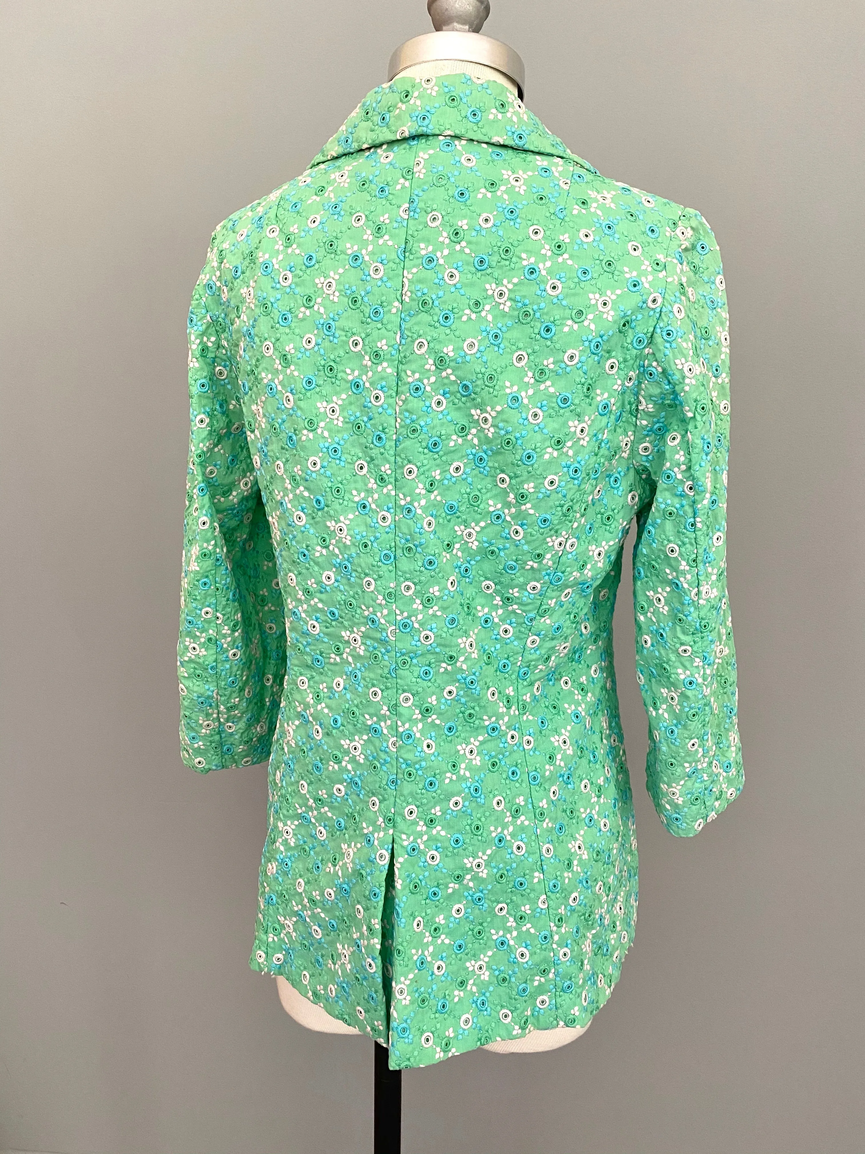 1960s Minty Green with Blue   White Embroidered Eyelet Blazer Jacket