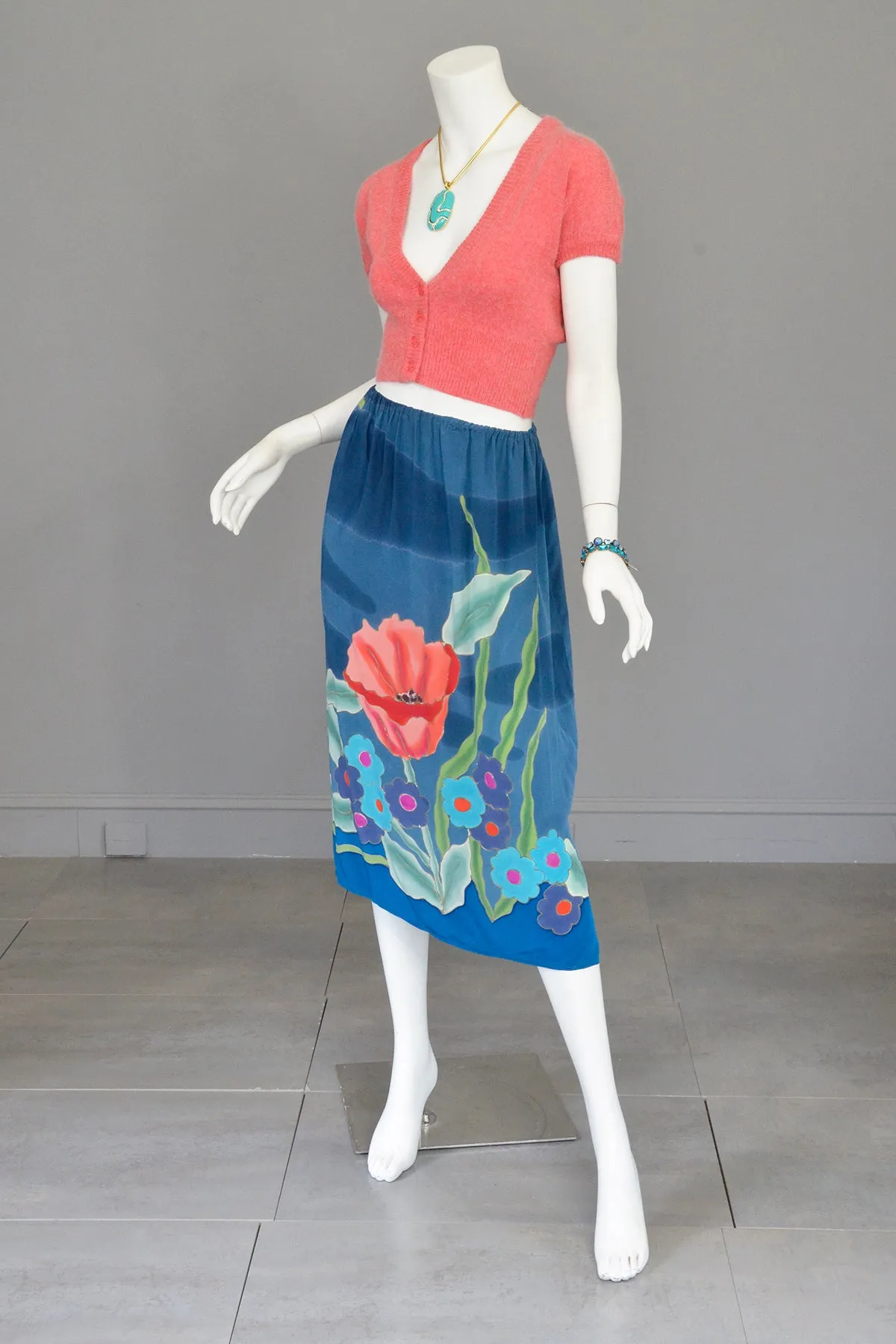 1970s Hand Dyed Painted Poppy Floral Print Silk Skirt