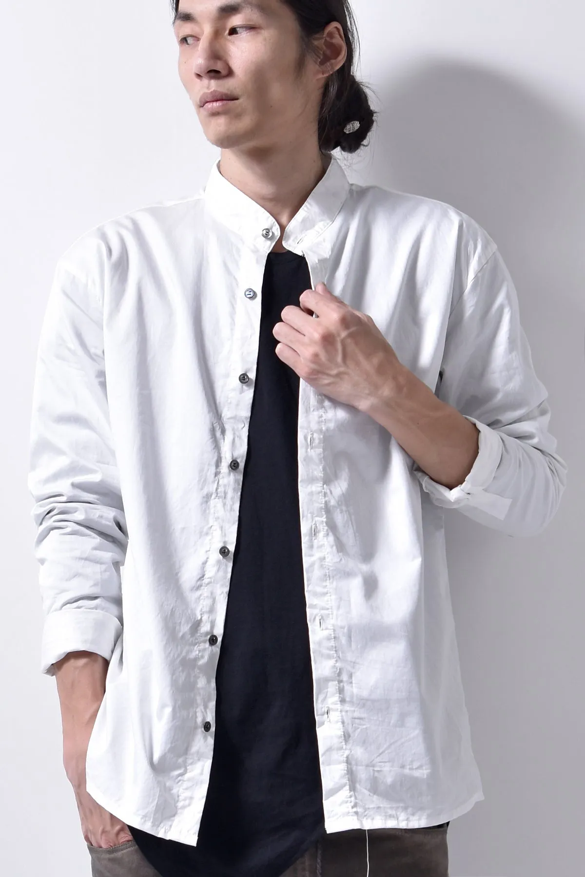 2102-SH05 Cotton Satin Stand Collar Shirt White