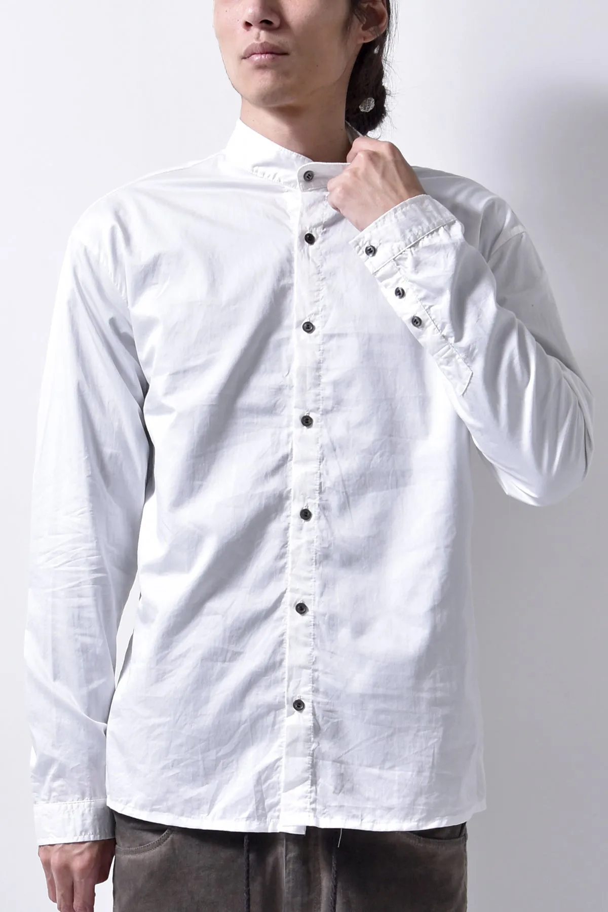 2102-SH05 Cotton Satin Stand Collar Shirt White