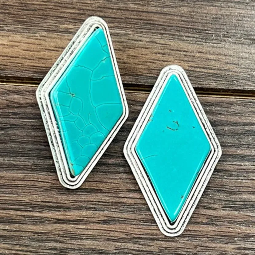 2" Large Diamond Shaped Turquoise Stone Post Earrings