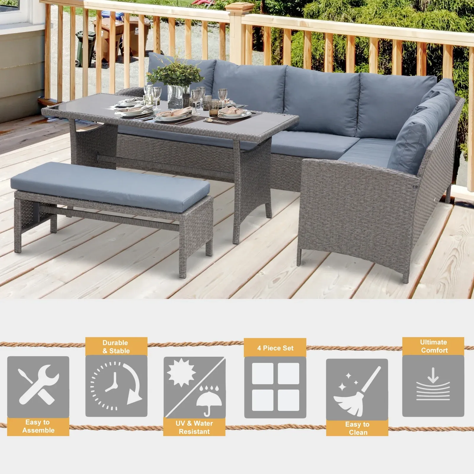 4pc Wicker Rattan Patio Garden Outdoor Dining Set - Mixed Grey