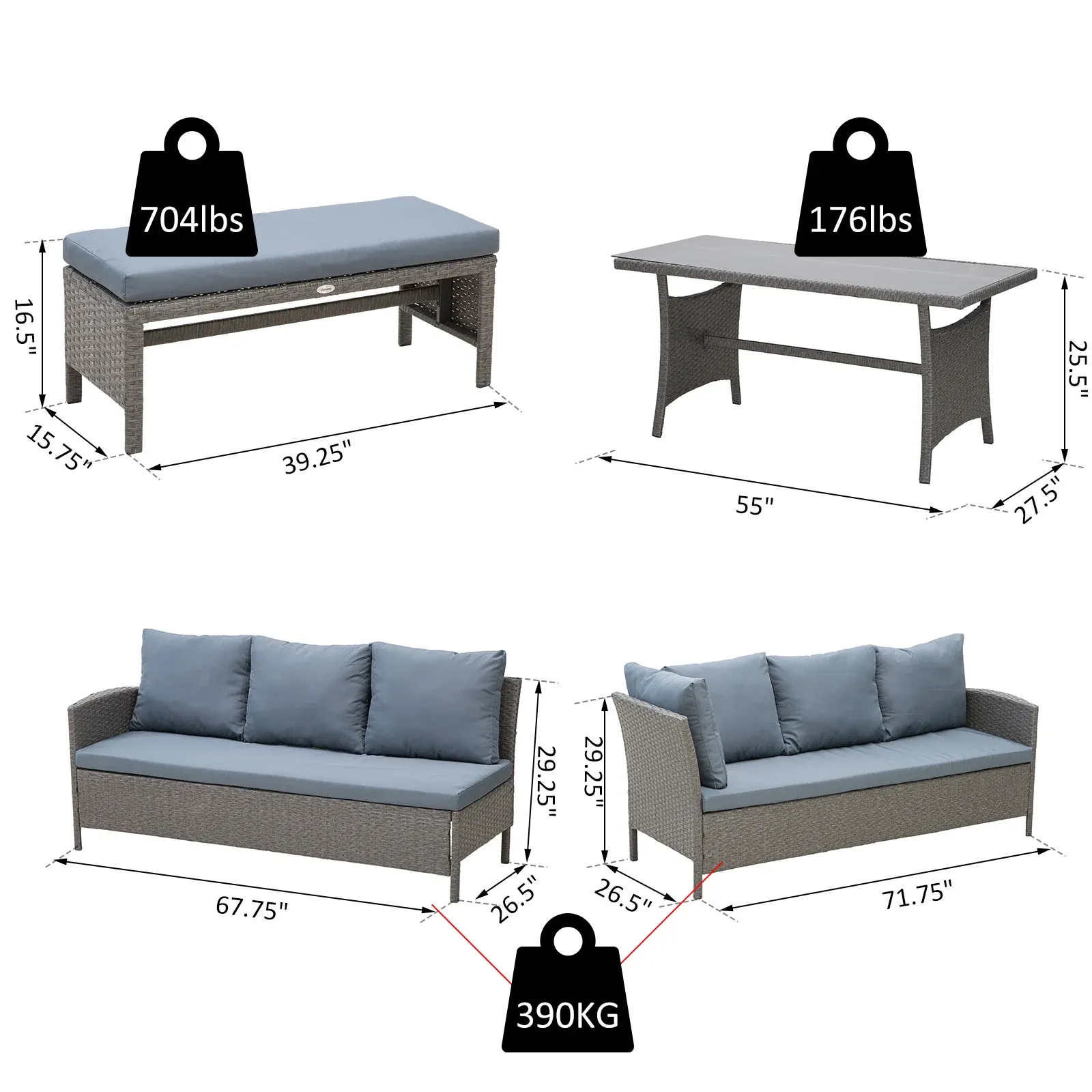 4pc Wicker Rattan Patio Garden Outdoor Dining Set - Mixed Grey