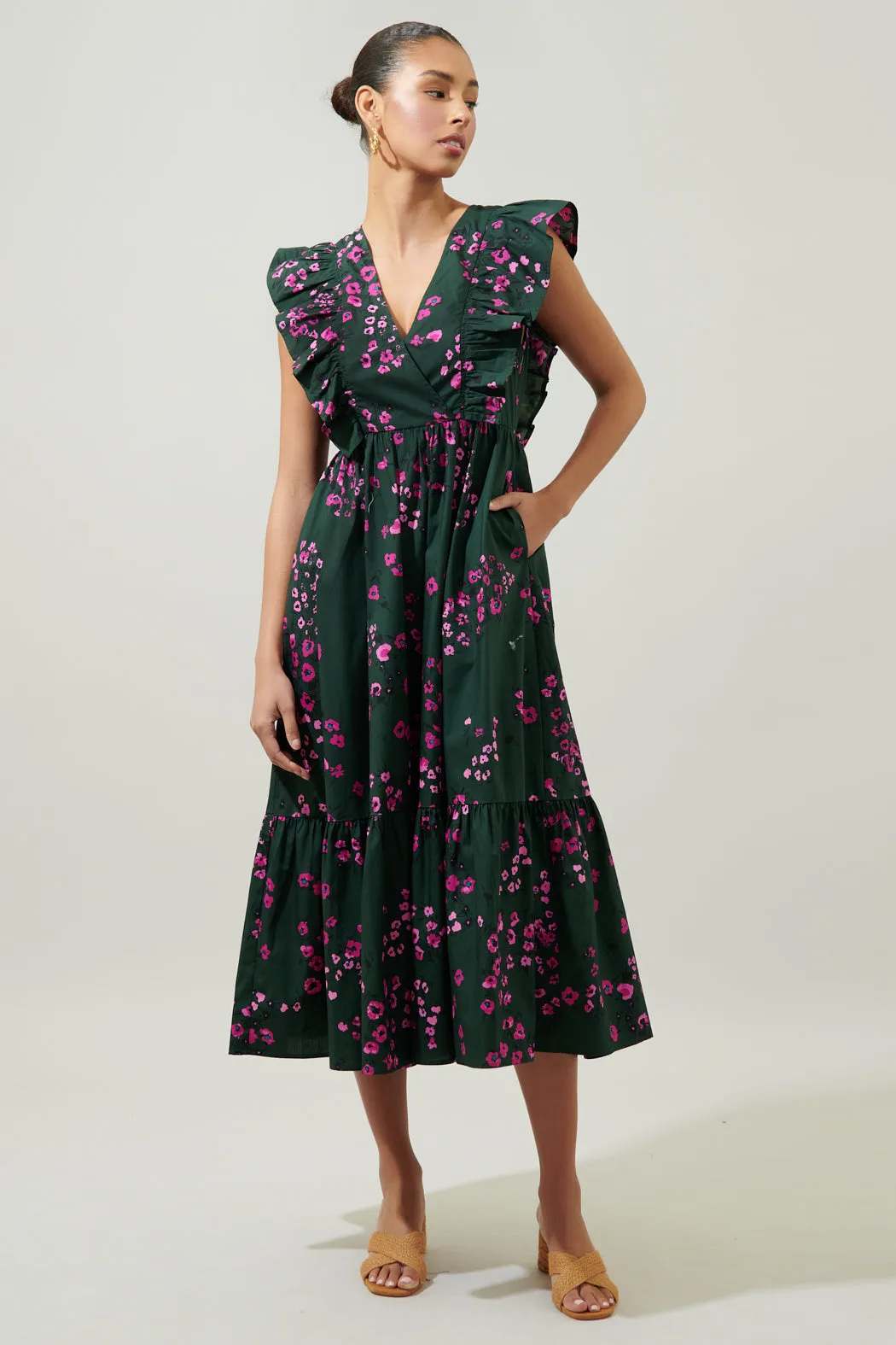 Anissa Floral Fairness Poplin Surplice Midi Dress