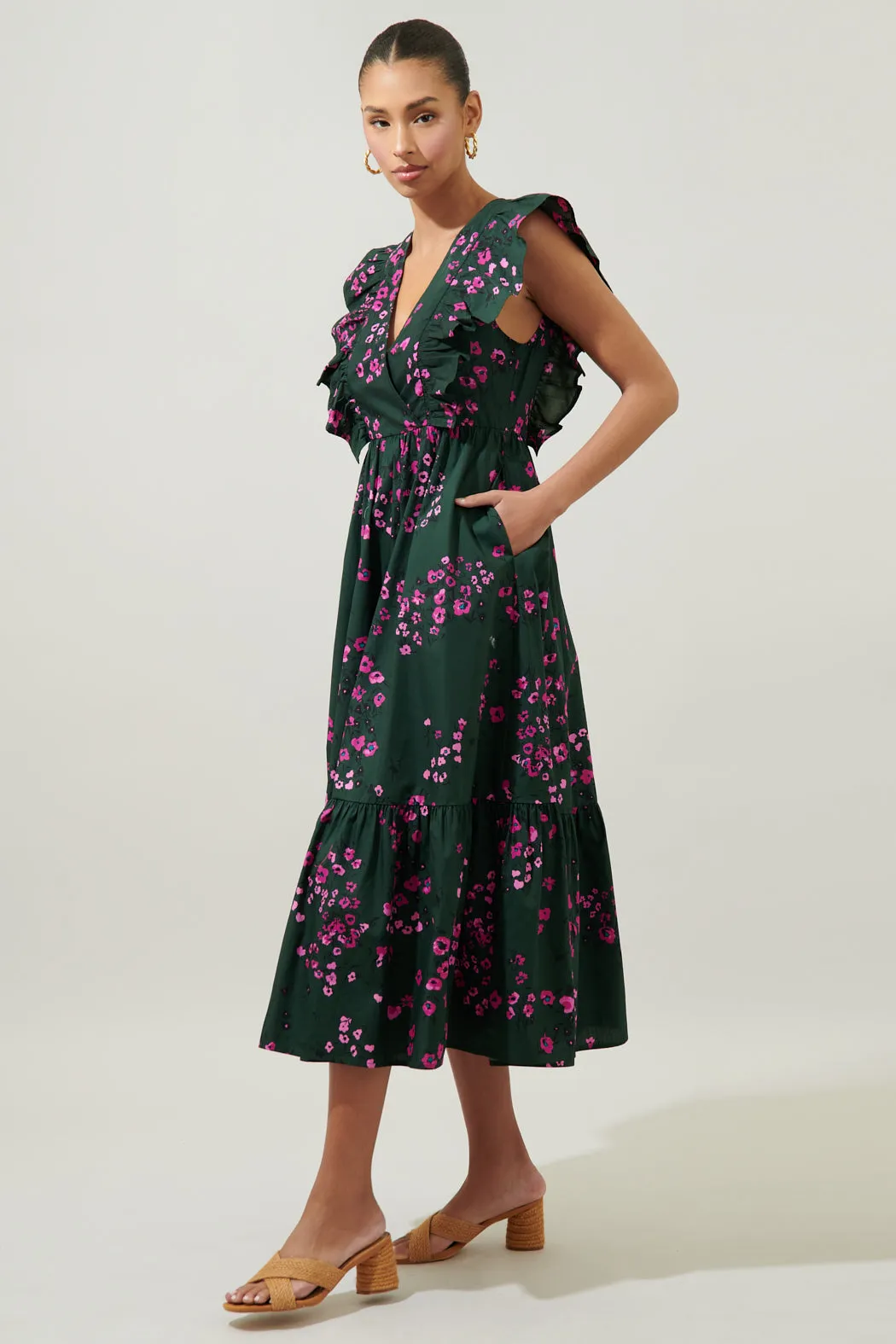 Anissa Floral Fairness Poplin Surplice Midi Dress