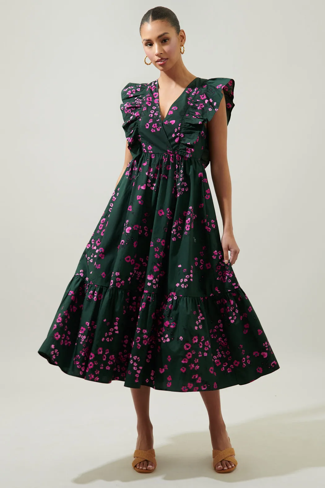 Anissa Floral Fairness Poplin Surplice Midi Dress