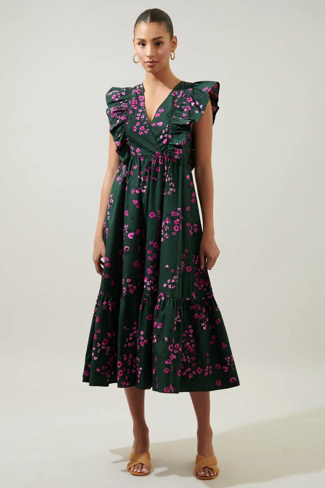 Anissa Floral Fairness Poplin Surplice Midi Dress