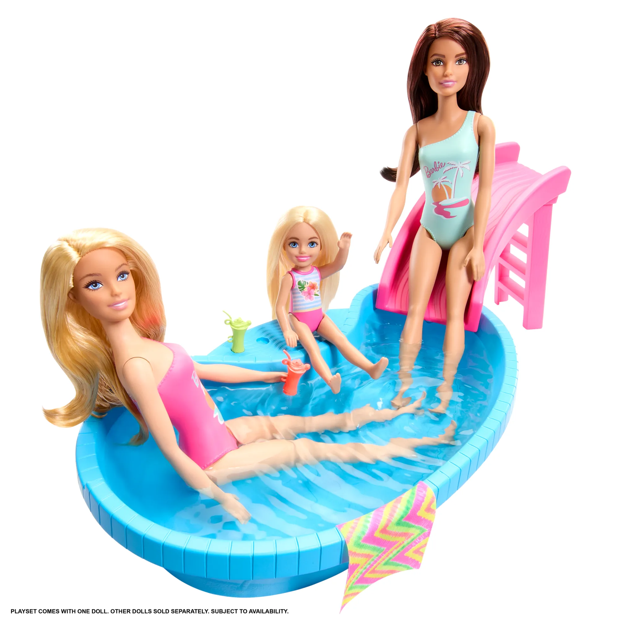 Barbie Doll And Pool Playset, Blonde With Pool, Slide, Towel And Drink Accessories