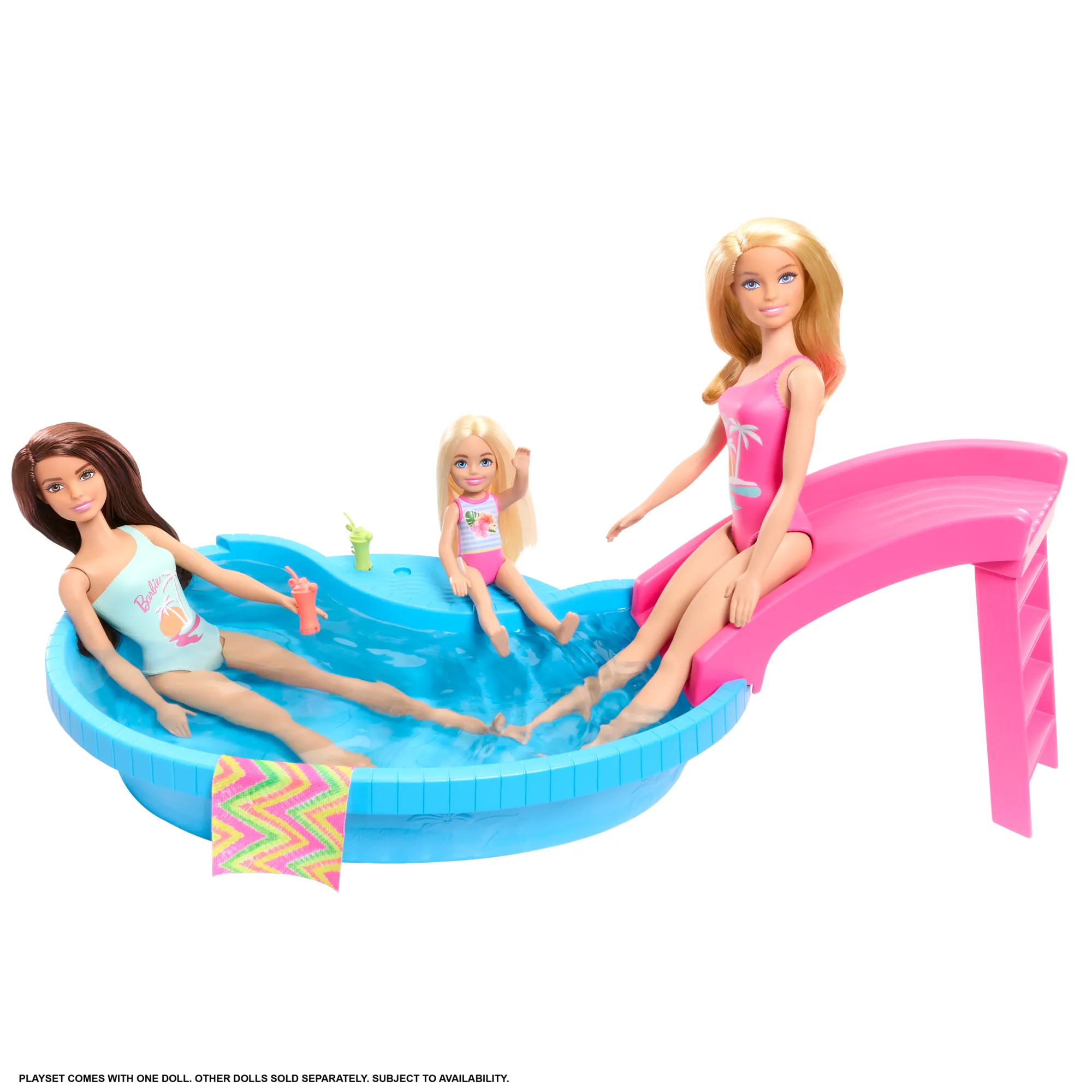 Barbie Doll And Pool Playset, Blonde With Pool, Slide, Towel And Drink Accessories