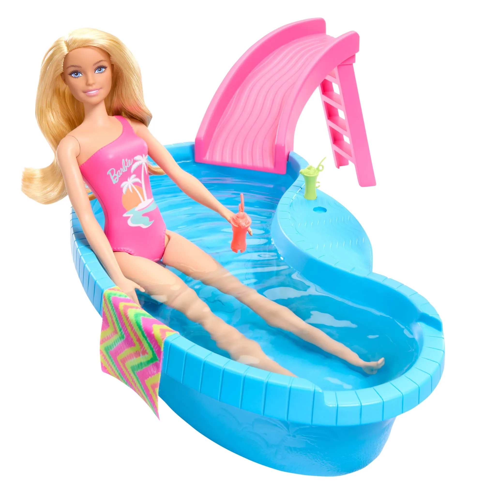 Barbie Doll And Pool Playset, Blonde With Pool, Slide, Towel And Drink Accessories