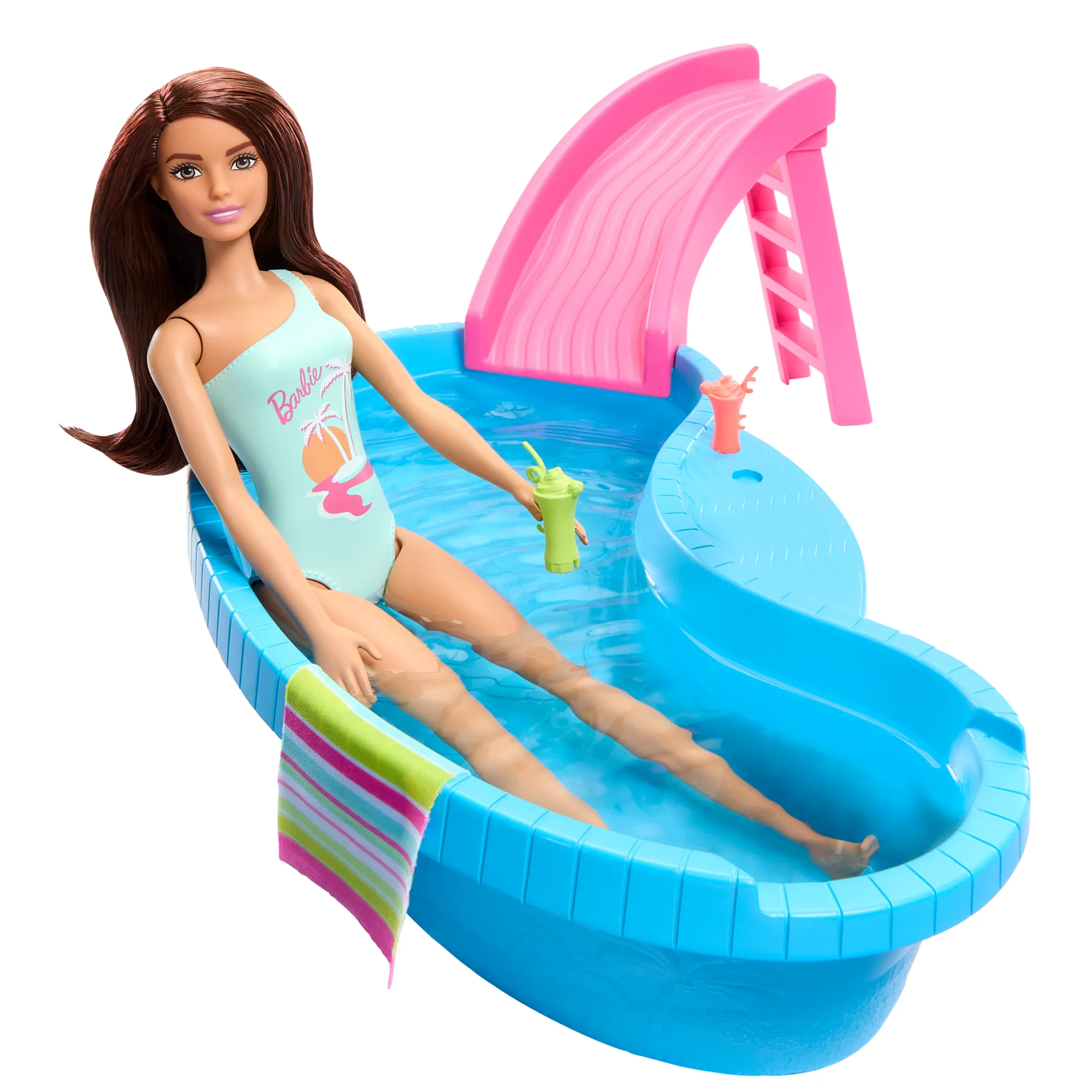 Barbie Doll And Pool Playset, Brunette With Pool, Slide, Towel And Drink Accessories