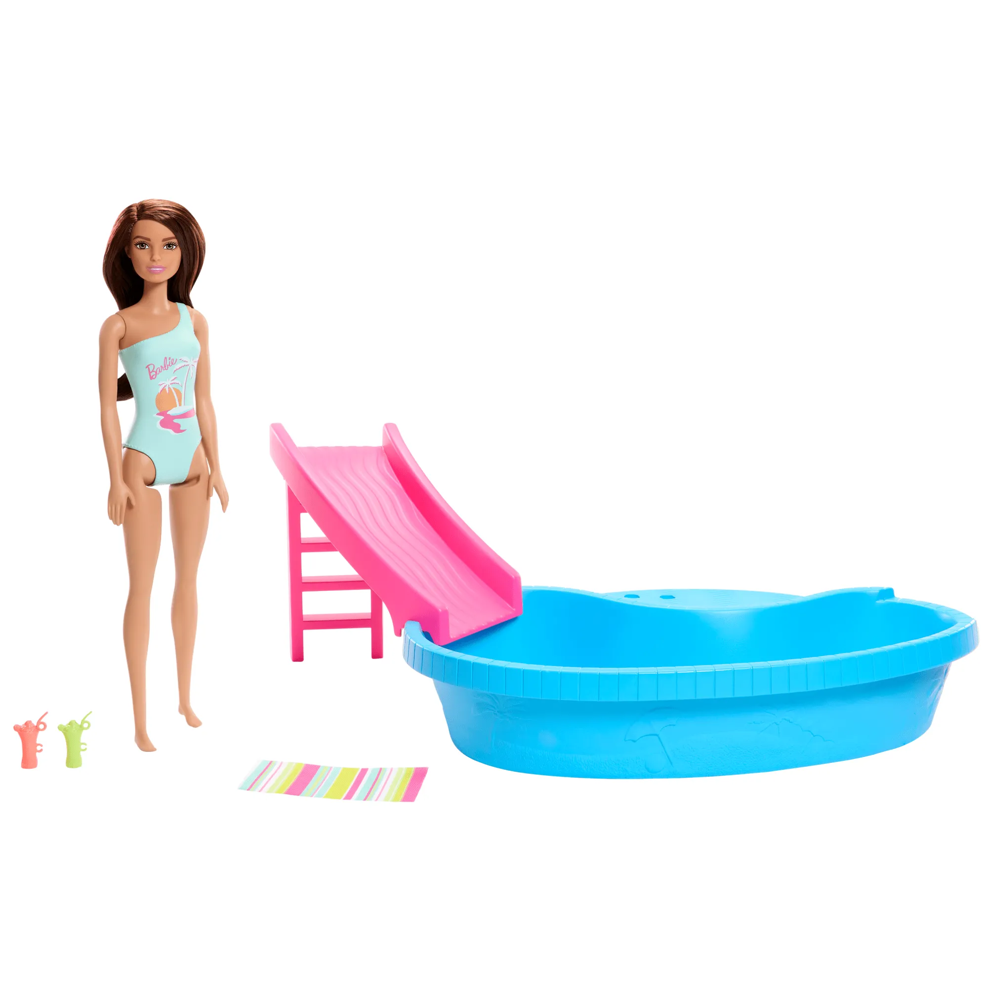 Barbie Doll And Pool Playset, Brunette With Pool, Slide, Towel And Drink Accessories