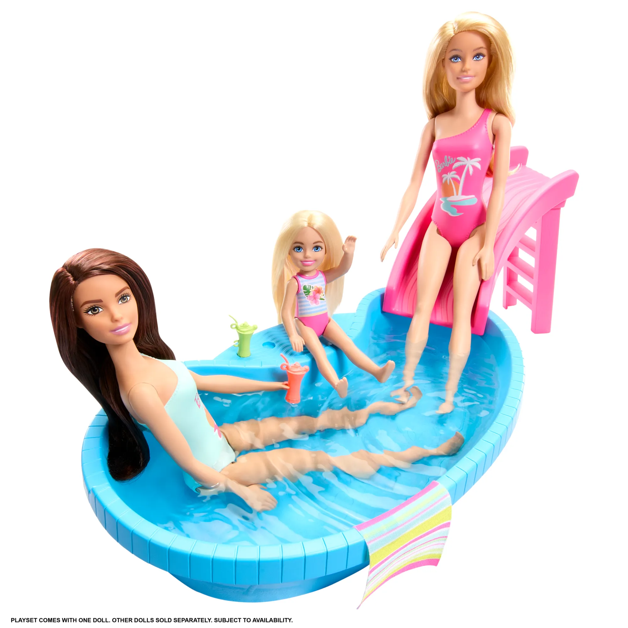 Barbie Doll And Pool Playset, Brunette With Pool, Slide, Towel And Drink Accessories