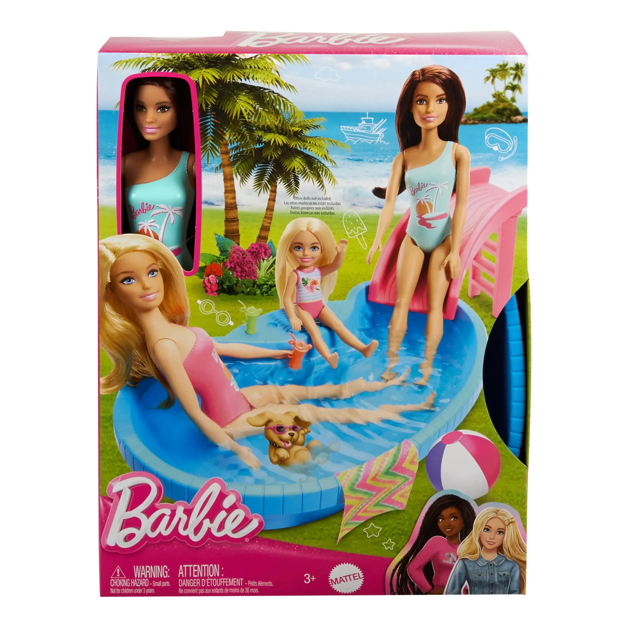 Barbie Doll And Pool Playset, Brunette With Pool, Slide, Towel And Drink Accessories