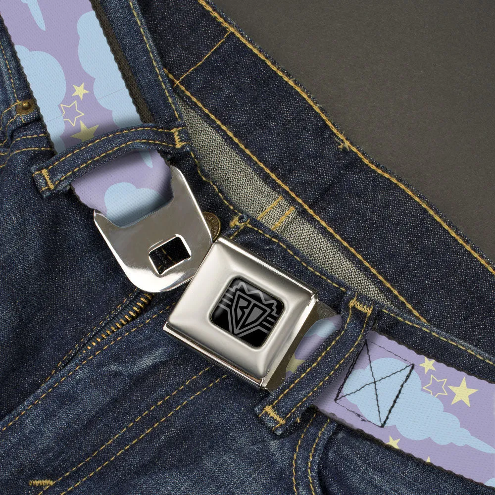 BD Wings Logo CLOSE-UP Black/Silver Seatbelt Belt - Cloudy/Starry Sky Lavender/Blue/Yellow Webbing