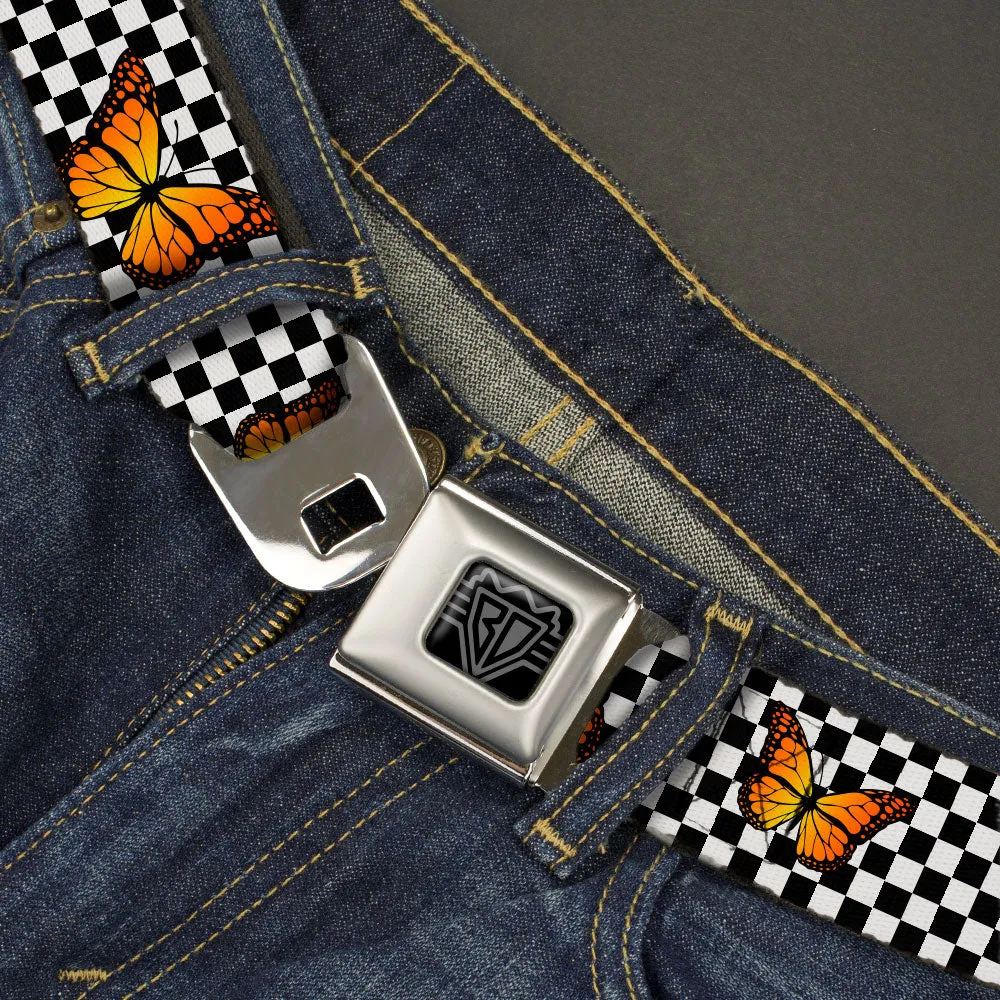 BD Wings Logo CLOSE-UP Black/Silver Seatbelt Belt - Monarch Butterfly Scattered Checker Black/White Webbing