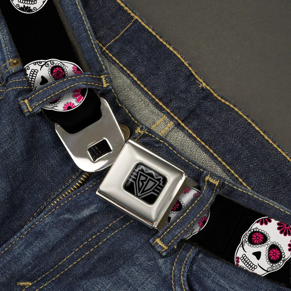 BD Wings Logo CLOSE-UP Black/Silver Seatbelt Belt - Sugar Skulls Scattered Black/White/Fuchsia Webbing by Buckle-Down