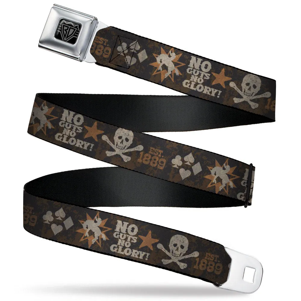 BD Wings Logo CLOSE-UP Black/Silver Seatbelt Belt - Western NO GUTS NO GLORY Skull and Crossbones Browns/Gray Webbing