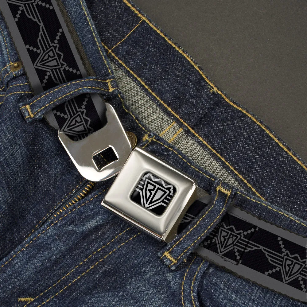 BD Wings Logo CLOSE-UP Full Color Black Silver Seatbelt Belt - BD Monogram2 Black/Gray Webbing