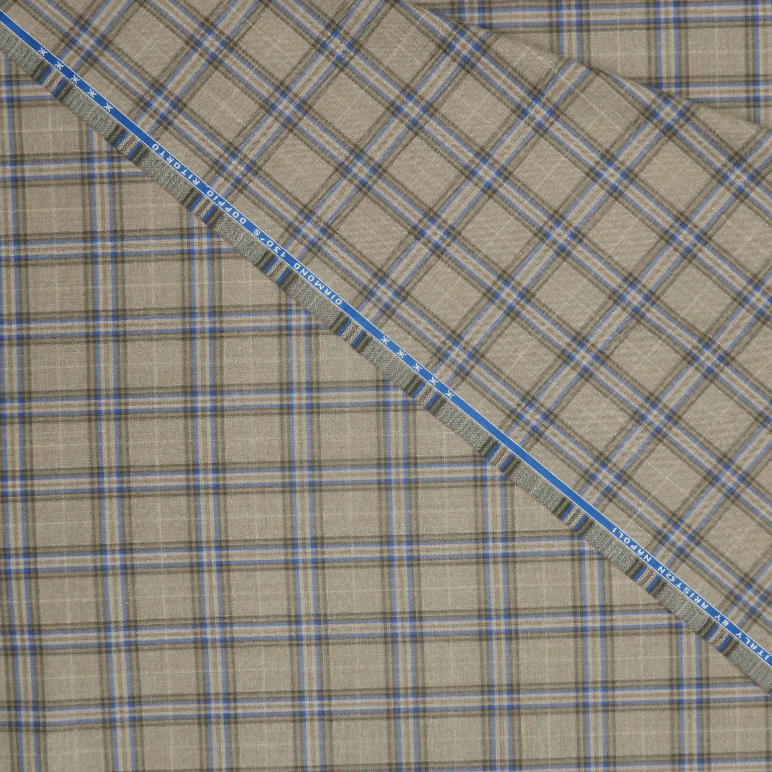 Beige and Blue Windowpane Diamond Emerald Super 130's Wool Ariston Fabric