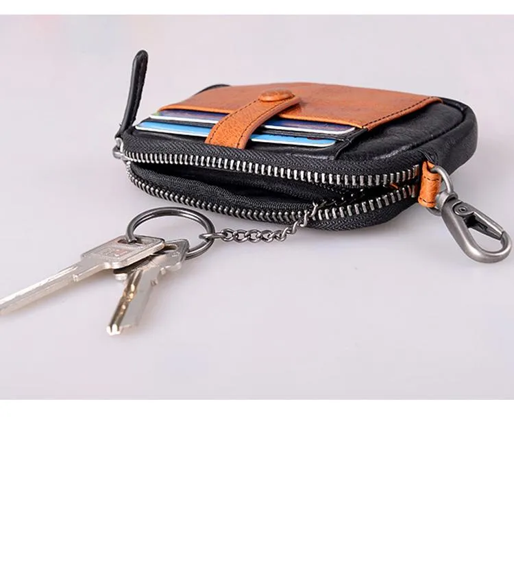 Black Brown Leather Mens Front Pocket Wallet Cool Small Zipper Card Wallet Key Wallet For Men