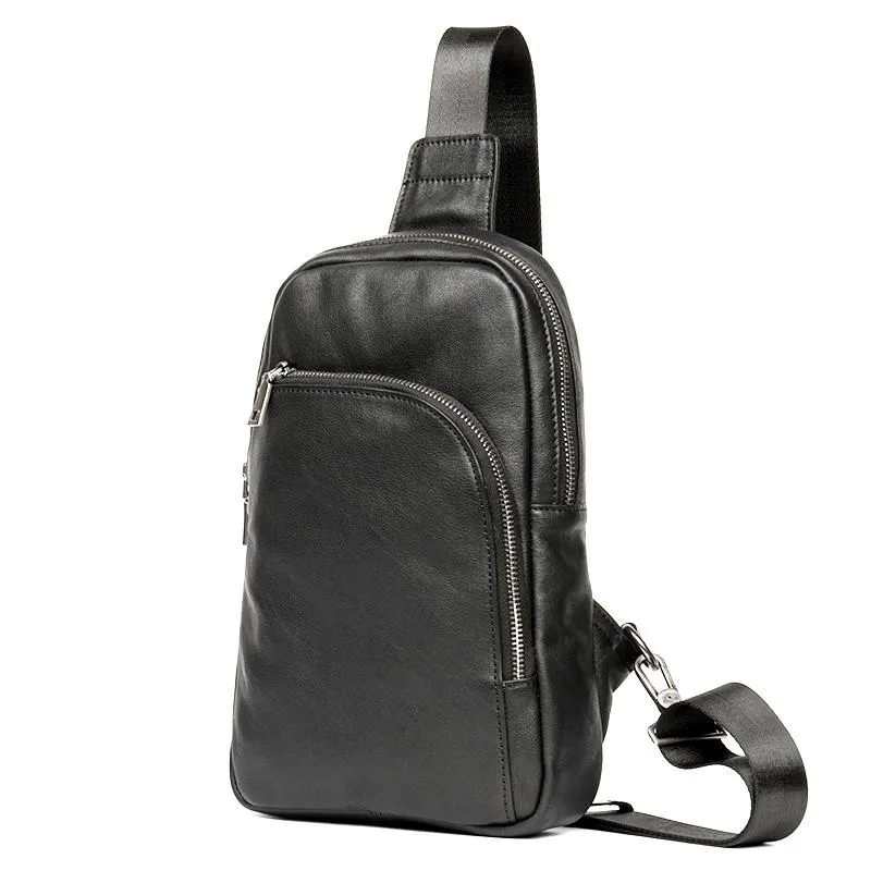 Black Leather Mens Cool Sling Bag Sling Pack Brown ONe Shoulder Backpack Chest Bag for men