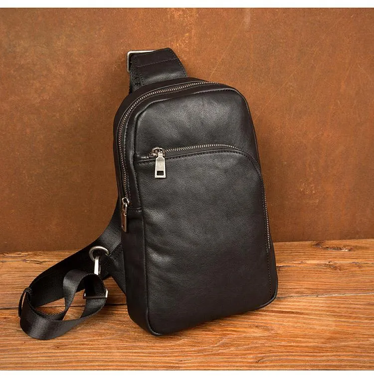 Black Leather Mens Cool Sling Bag Sling Pack Brown ONe Shoulder Backpack Chest Bag for men