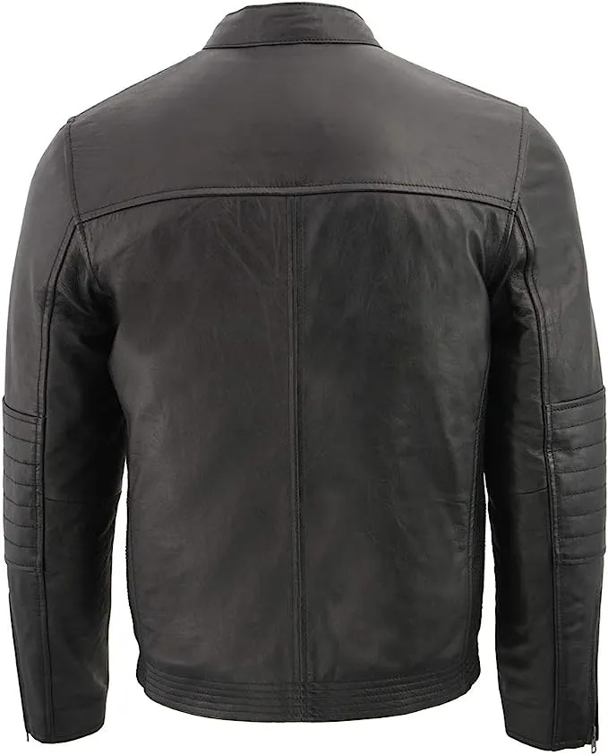 Black Sheepskin Leather Euro Collar Side Stitch Cafe Racer Jacket