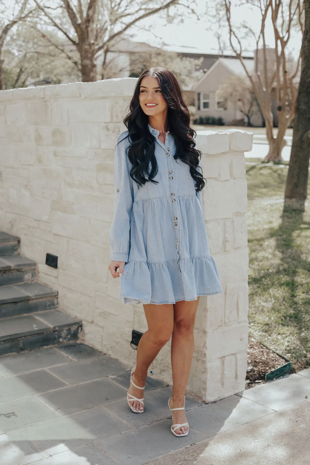 Button Down Tiered Denim Dress