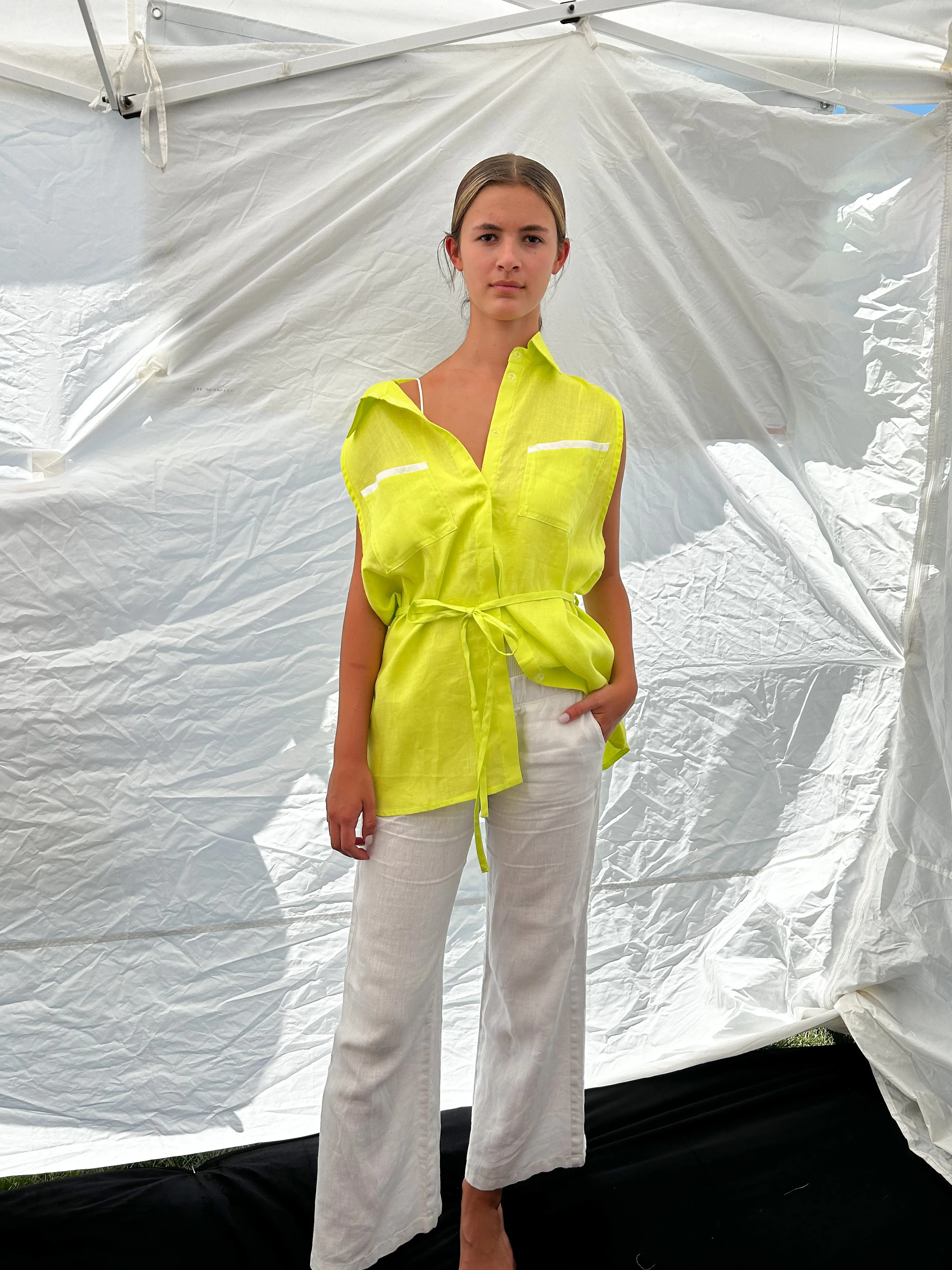 Chartreuse Oversized Linen sleeveless Shirt