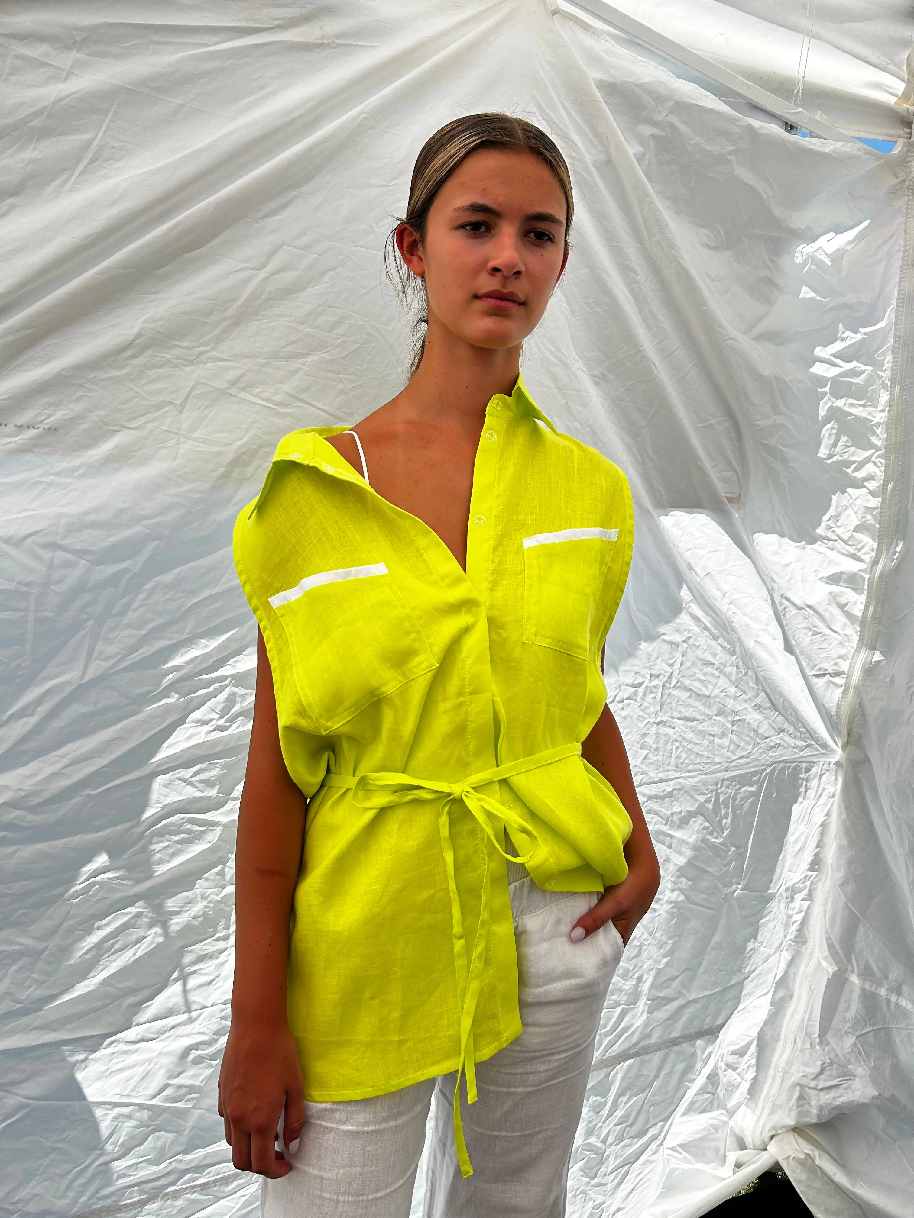 Chartreuse Oversized Linen sleeveless Shirt