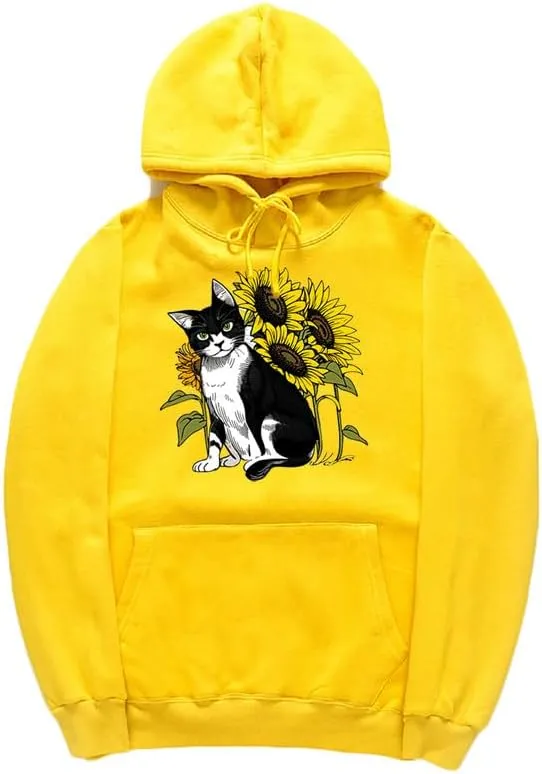 CORIRESHA Cute Cat Hoodie Casual Long Sleeve Drawstring Sunflower Sweatshirt