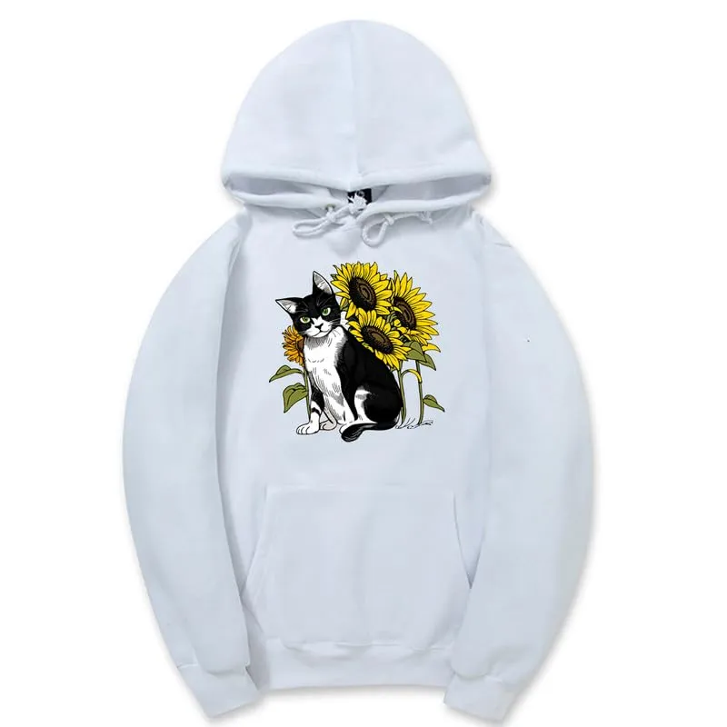 CORIRESHA Cute Cat Hoodie Casual Long Sleeve Drawstring Sunflower Sweatshirt