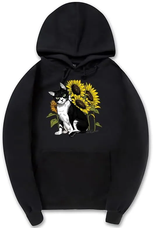 CORIRESHA Cute Cat Hoodie Casual Long Sleeve Drawstring Sunflower Sweatshirt