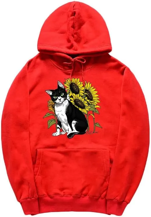 CORIRESHA Cute Cat Hoodie Casual Long Sleeve Drawstring Sunflower Sweatshirt