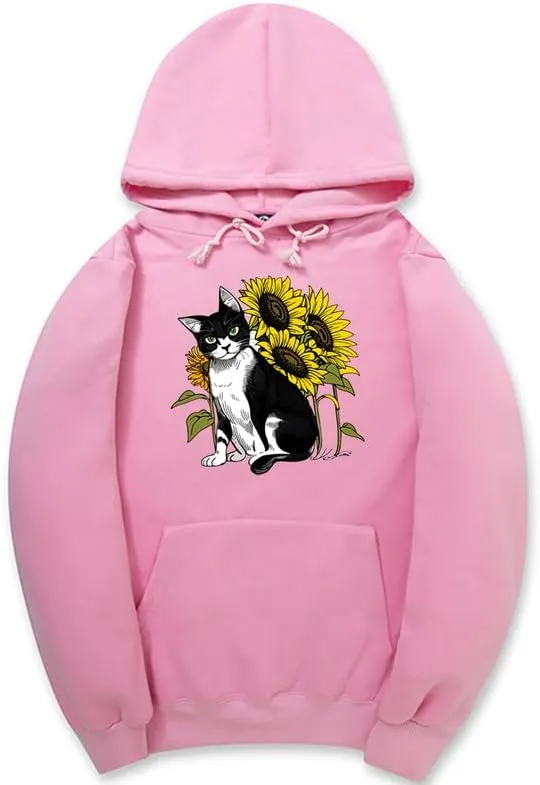 CORIRESHA Cute Cat Hoodie Casual Long Sleeve Drawstring Sunflower Sweatshirt