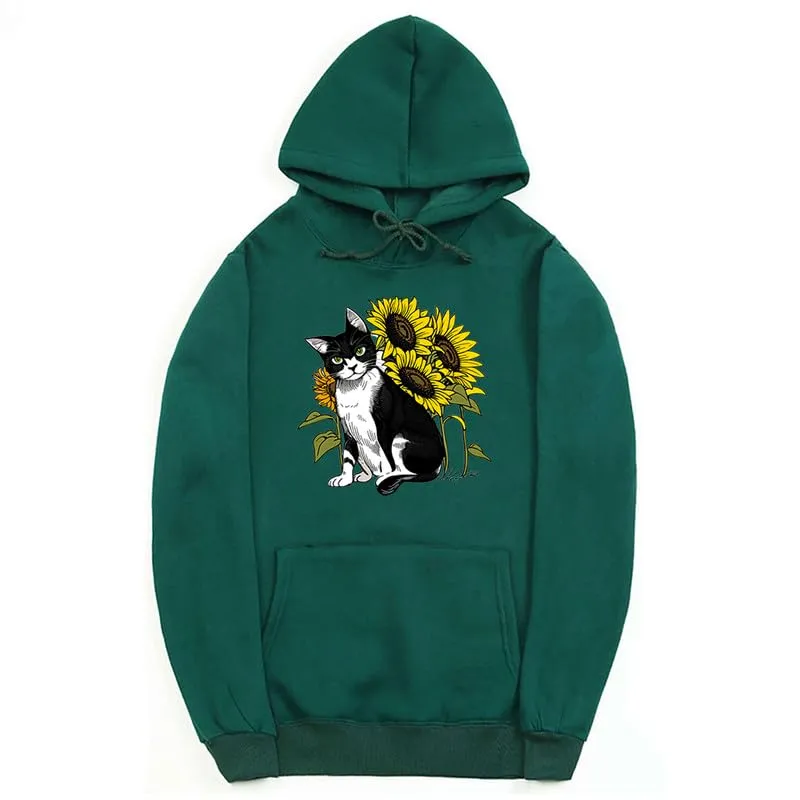 CORIRESHA Cute Cat Hoodie Casual Long Sleeve Drawstring Sunflower Sweatshirt