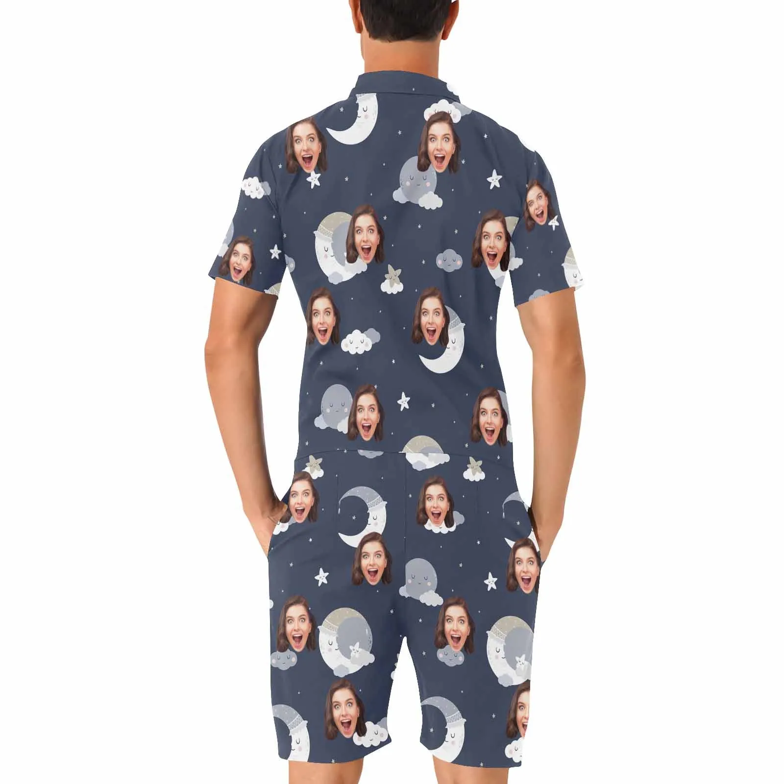 Couple Matching Short Sleeve Onesies Pajamas Custom Face Cloud Women's V-Neck Button Jumpsuit Men's Rompers